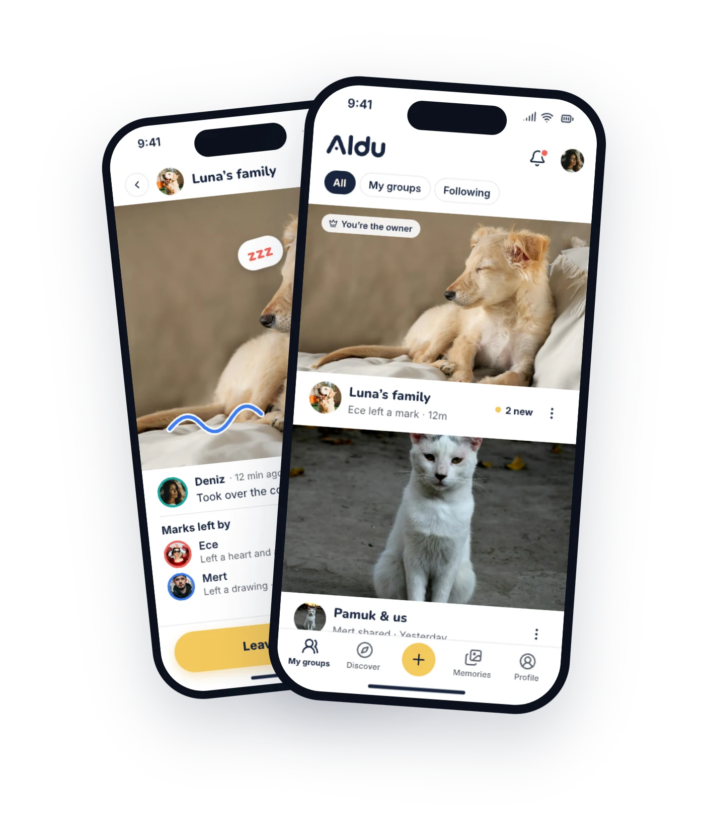 Aldu app showing a group feed of pet photos